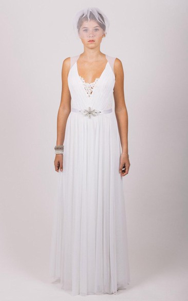 Sleeveless Chiffon A-Line Gown With Lace Embellishment and Pleated Skirt