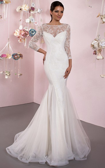 Mermaid 3-4 Sleeve Lace Bateau Neck Tulle Wedding Dress With Brush Train