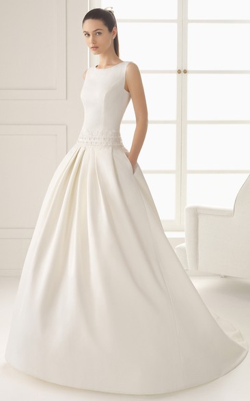 Satin V Back Gown With Pockets And Flower At Back
