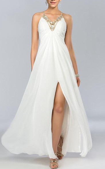 Spaghetti Straps Sheer-Back A-Line Long Prom Dress