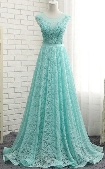 Scoop Neck Cap Sleeves Appliques Sequins Prom Dress