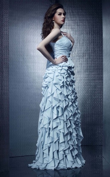 One-Shoulder Chiffon Maxi Dress With Ruching and Cascading Ruffles