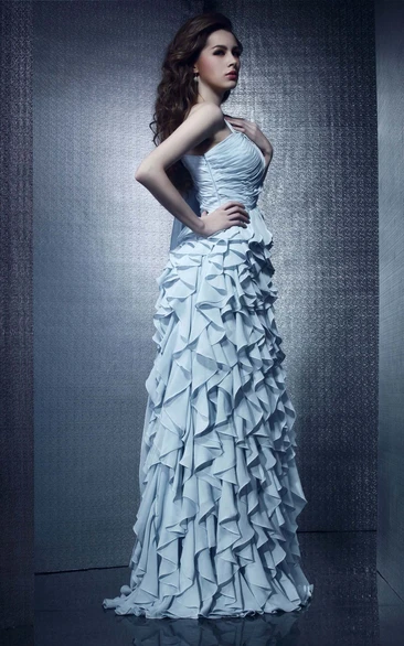 One-Shoulder Chiffon Maxi Dress With Ruching and Cascading Ruffles