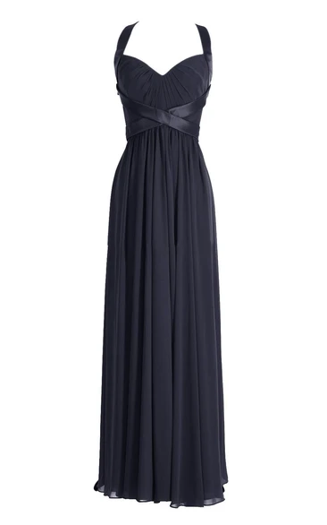 Sleeveless Ruched Bodice Long Pleated Chiffon Dress