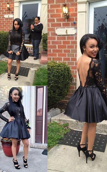 A-line Long Sleeve Taffeta Lace High Neck Deep-V Back Short Mini Homecoming Dress