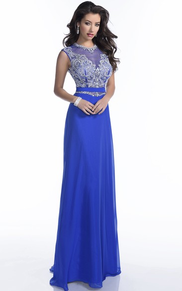 A-Line Sleeveless Chiffon Prom Dress Featuring Jeweled Waistline And Appliques