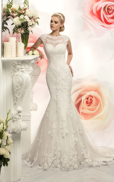 Trumpet Floor-Length Jewel Cap-Sleeve Illusion Lace Dress With Appliques And Waist Jewellery