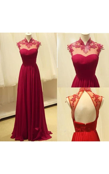 Gorgeous High-Neck Burgundy Long Prom Dresses Chiffon Beadings Appliques