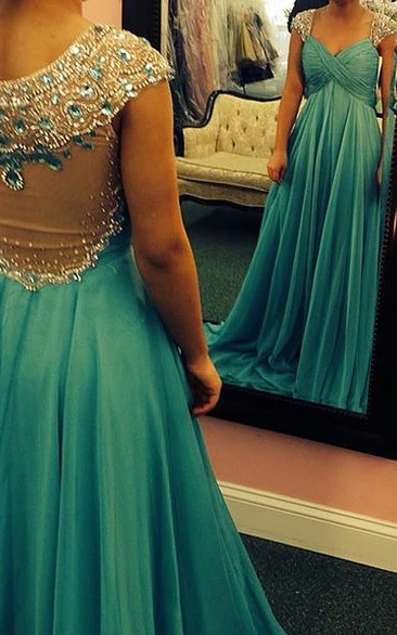 Glamorous Crystals Beadings A-line Prom Dress Cap Sleeve
