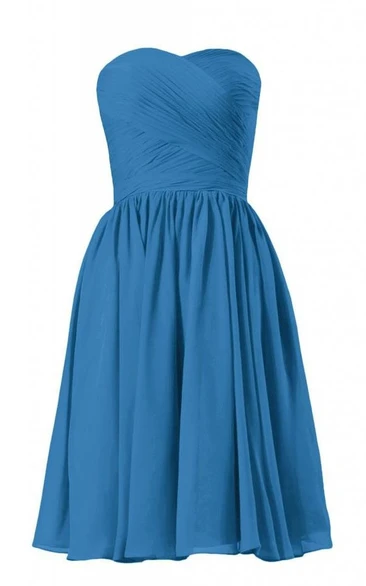 Strapless Asymmetrical Bodice Knee-length Pleated Chiffon Dress