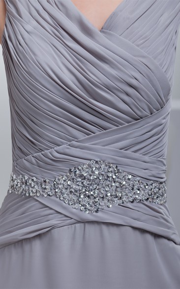 Sleeveless Chiffon Maxi Criss-Cross Dress With Jeweled Waist