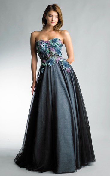 A-line Floor-length Sweetheart Sleeveless Tulle Backless Dress