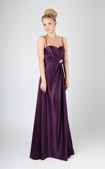 Side Draped A-Line Spaghetti Sweetheart Gown With Crystals