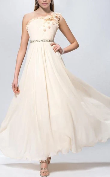 Chic Flowers Pleats Beading One-Shoulder A-line Long Prom Dress