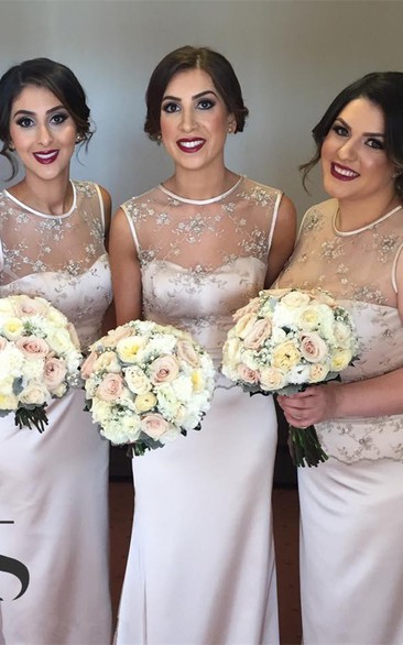 Delicate Illusion Appliques Bridesmaid Dress Sleeveless Sweep Train