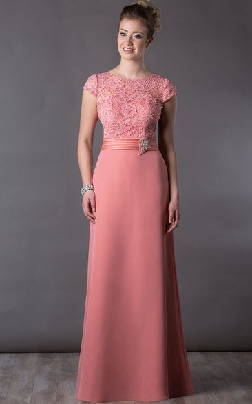 Lace Top Cap Sleeve Long Mother Of The Bride Dress With Crystal And Pearl Waist