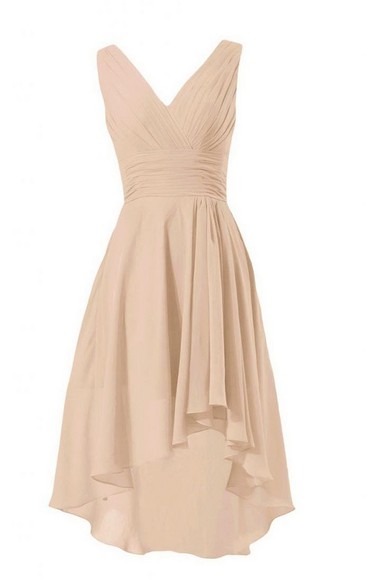 Sleeveless V-neck Asymmetrical Ruched Chiffon Dress