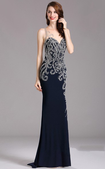 Sheath Sweep Sweetheart Sleeveless Jersey Beading Illusion Dress