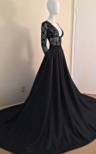 Sexy Black Long Sleeves Lace Porm Dress With V-Neck A-Line Evening Dress