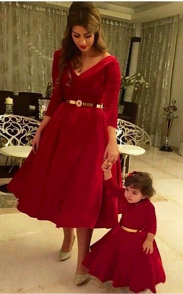 Dramtic 3-4-length-sleeve Red Mother and Daughter Dress Belt