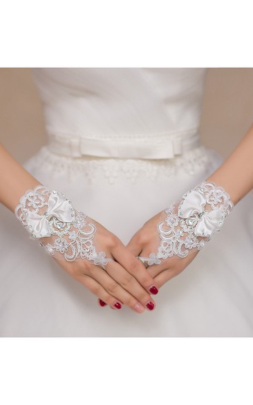 New White Bow Lace Diamond Hook Short Paragraph Gloves