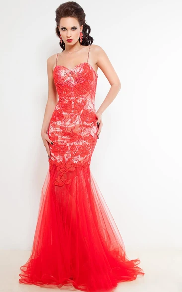 Mermaid Sweep Sweetheart Sleeveless Tulle Appliques Pleats Illusion Dress