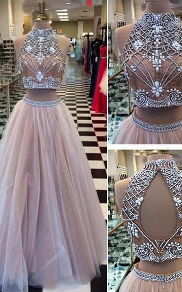 A-Line Two Pieces Jewel Neck Beading Backless Long Prom Dress
