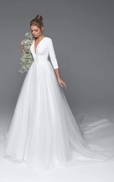 Sexy A Line Satin and Tulle V-neck Bridal Dress with Ruching