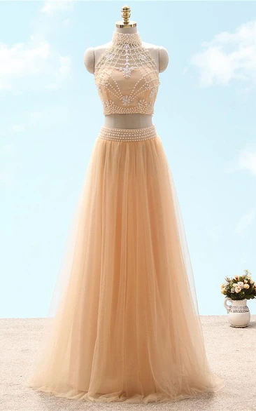 A-line High Neck Sleeveless Tulle Beading Lace Dress