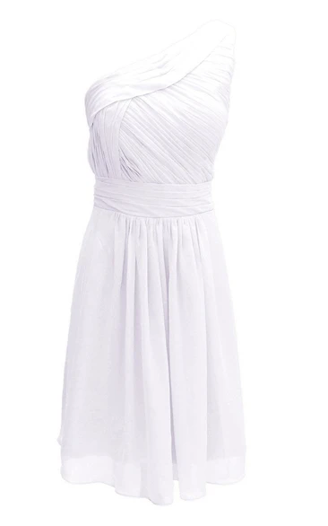 One-shoulder Ruched Knee-length Pleated Chiffon Dress