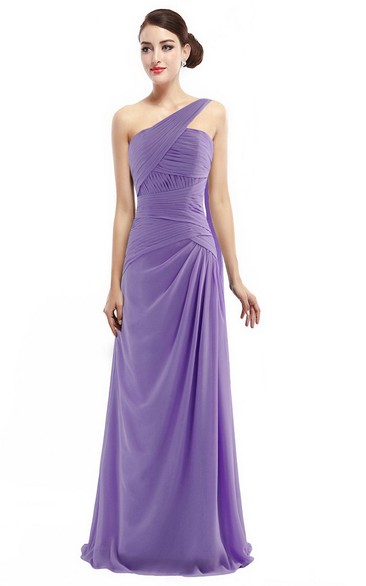 One-shoulder Long Chiffon Dress With Ruching