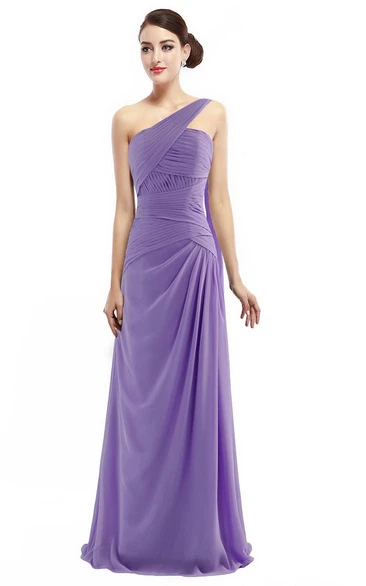 One-shoulder Long Chiffon Dress With Ruching