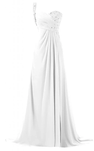 Sweetheart Beaded Ruhced Bodice Long Chiffon Dress