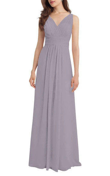 V-neck Ruched Chiffon Long Dress