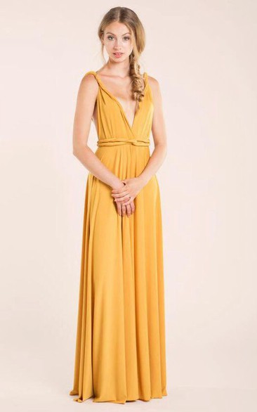 Deep-v Neck Backless A-line Jersey Long Dress With Sash