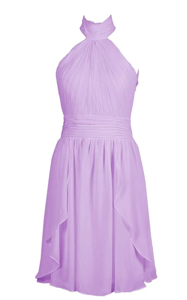High Neck Pleated Short Dress With Ruched Band