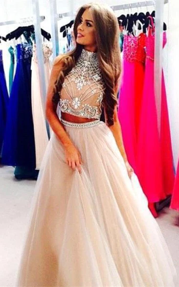 Gorgeous Two Pieces High-Neck Prom Dresses Beadings Tulle A-Line