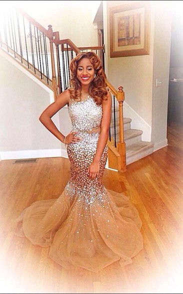 Glamorous Sleeveless Crystal Evening Dresses Long Mermaid Tulle Party Dress