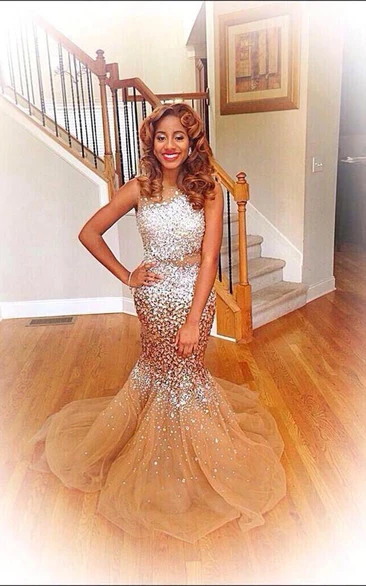 Glamorous Sleeveless Crystal Evening Dresses Long Mermaid Tulle Party Dress