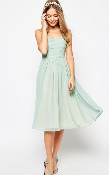 Tea-Length A-Line Ruched Sleeveless Spaghetti Chiffon Bridesmaid Dress