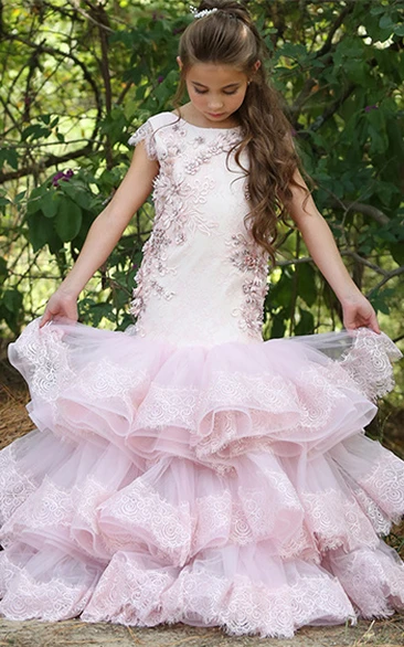 Appliqued Bateau Low-V Back Tier Flower Girl Dress