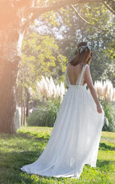 Bohemian Lace V-Neck A-Line Bridal Gown With Pleats