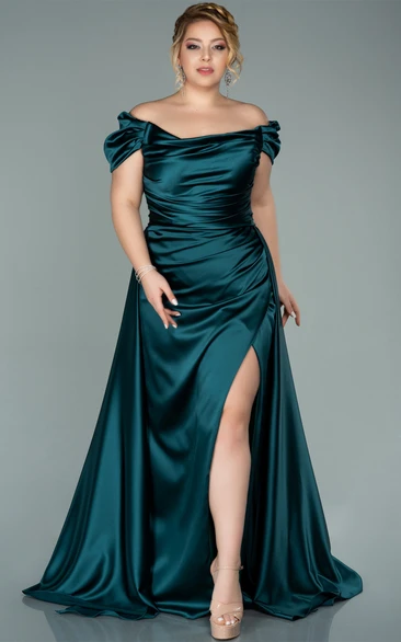 A Line Romantic Plus Size Satin Prom Dress with Split Front