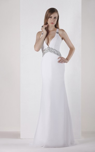 Simple Deep-V-Neck Sheath Long Dress With Gemmed Waist