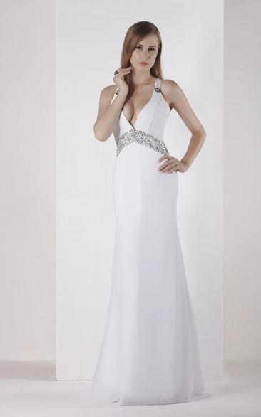 Simple Deep-V-Neck Sheath Long Dress With Gemmed Waist