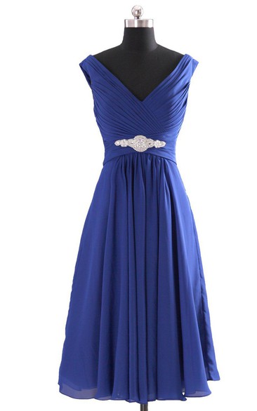 Cap-sleeved V-neck Chiffon Dress With Beadings