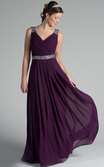 V Neck Back Dropping Chiffon Long Bridesmaid Dress With Crystal Straps And Waist