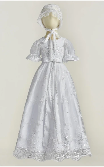 Cute Elegant Christening Gown With Lace And Bow