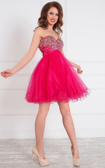 A-Line Short Sweetheart Sleeveless Tulle Beading Ruffles Zipper Dress