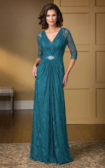 3-4 Sleeved V-Neck Lace Gown With Beadings And Illusion Back